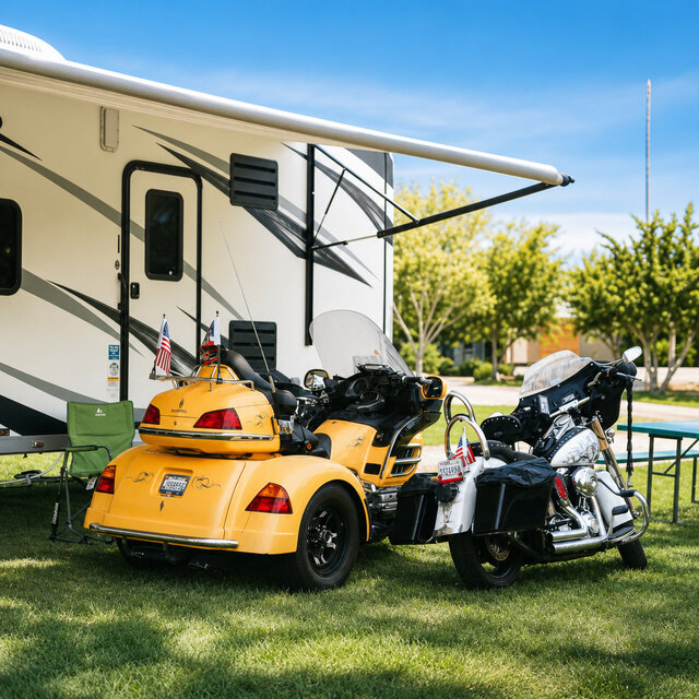 Modern Shadow Cruiser trailer parked on RV Space 4 at Al’s Hideaway, Texas Hill Country glamping site with hookups and shade.