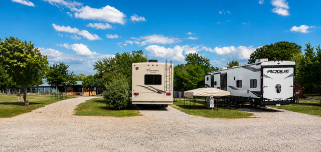 Pull‑through RV site with full hookups in the Texas Hill Country