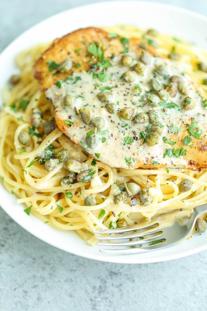 Chicken breast over pasta with Lemon Garlic Caper sauce 