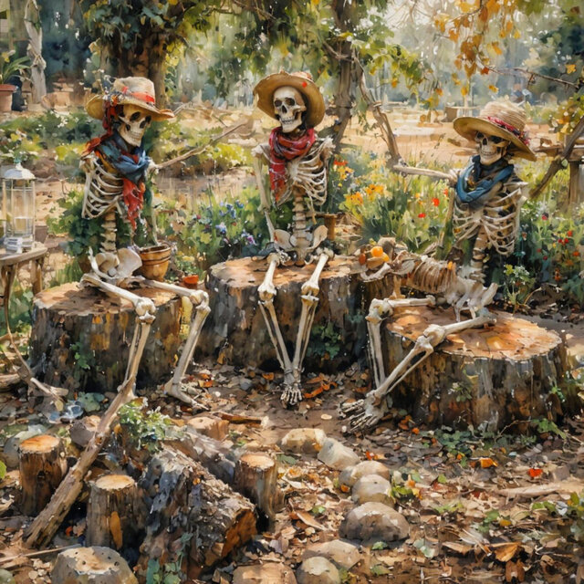 3 skeletons dressed like cowboys sitting by a fire 