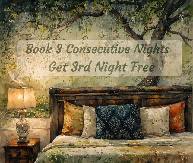 Stylized photo with caption "book 3 nights, get 3rd night free"