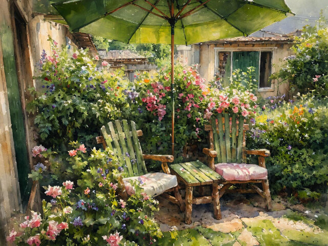 stylized photo of a room patio with 2 chairs 