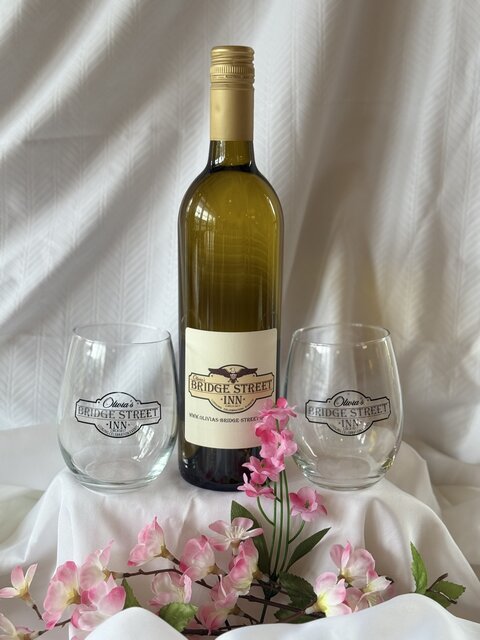 Image 1 for White Wine Bottle w/ Olivia's Logo Wine Glasses