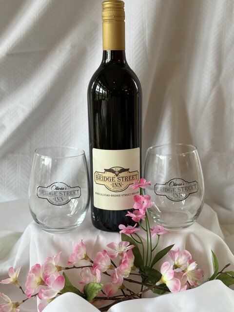 Image 1 for Red Wine Bottle w/ Oliva's Logo Wine Glasses