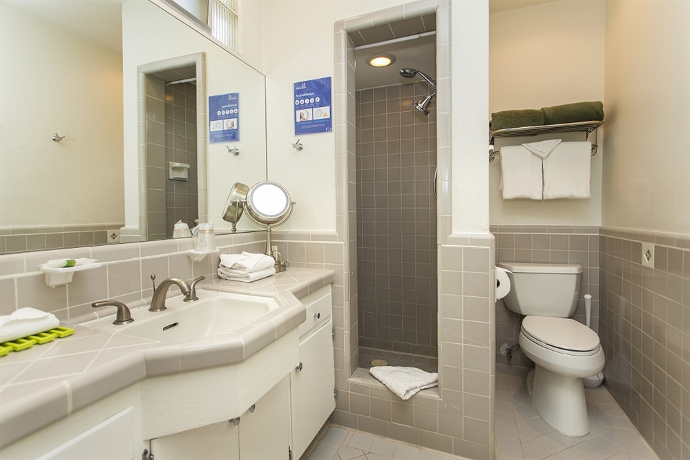 A bathroom with a shower, toilet, sink, and mirror