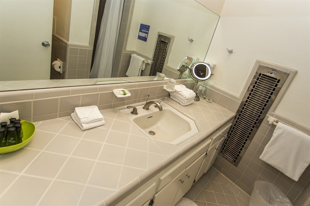 A bathroom counter with a sink, mirror, and amenities.