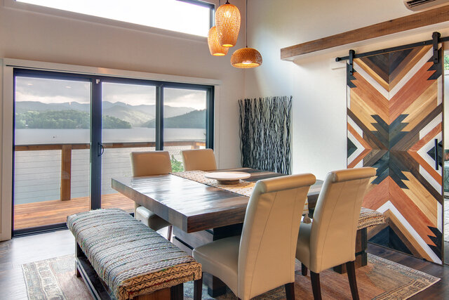 Dining area with windows and water views