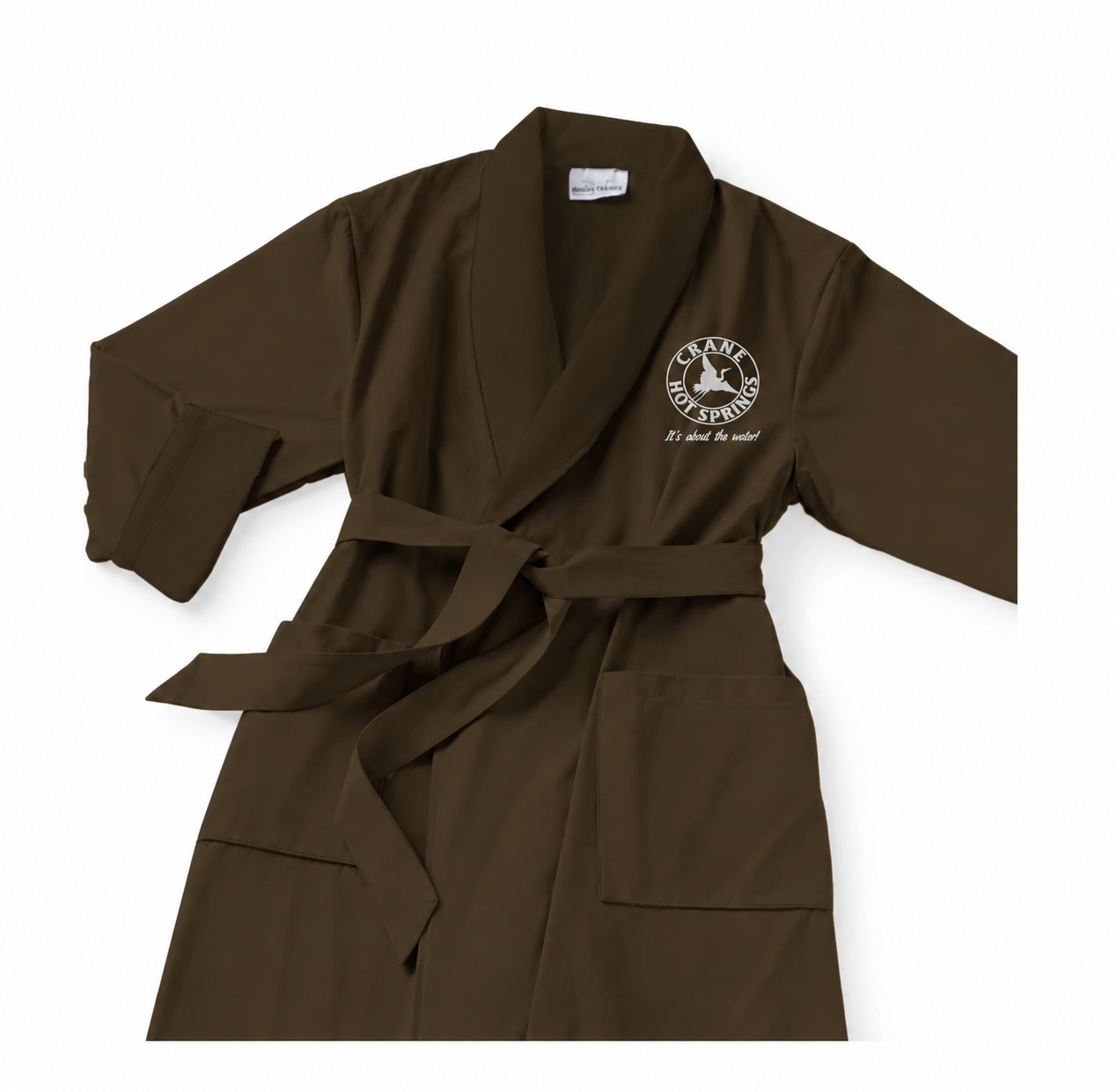 Chocolate brown robe with white logo on chest pocket area