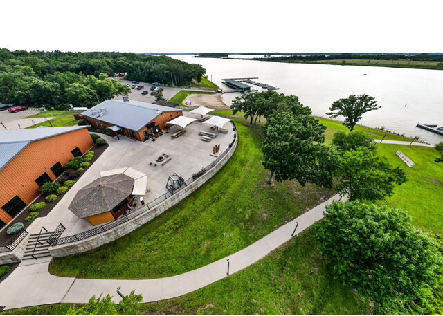 Arial view of the resort that shows the event center and The Cove Bar and Grill