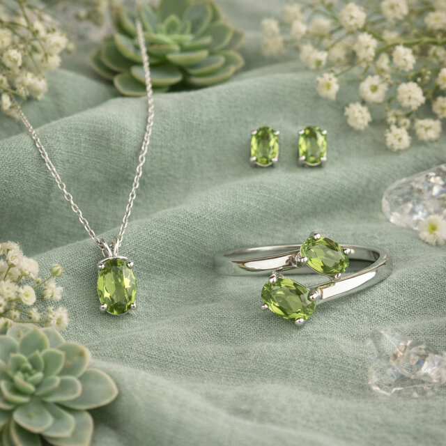 Image 1 for Faceted Gemstone Jewelry Set (Oval) - Peridot