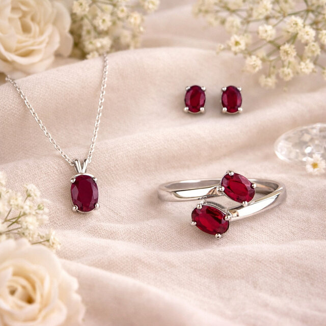 Image 1 for Faceted Gemstone Jewelry Set (Oval) - Ruby