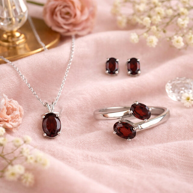 Image 1 for Faceted Gemstone Jewelry Set (Oval) - Garnet