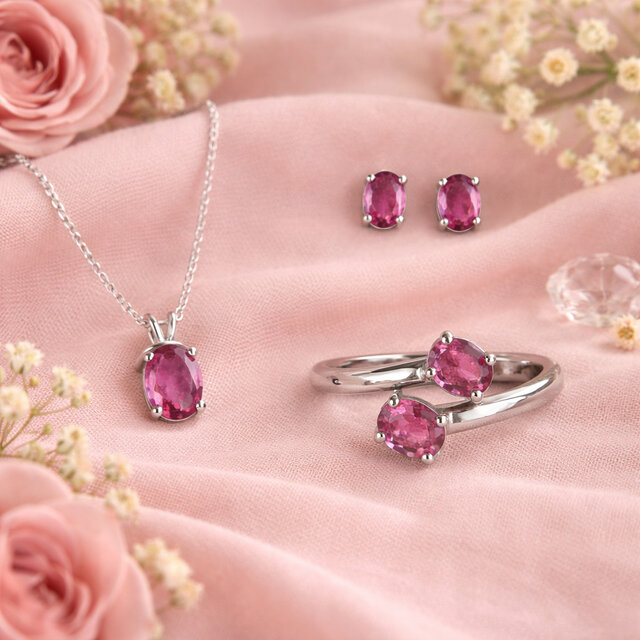 Image 1 for Faceted Gemstone Jewelry Set (Oval) - Pink Tourmal