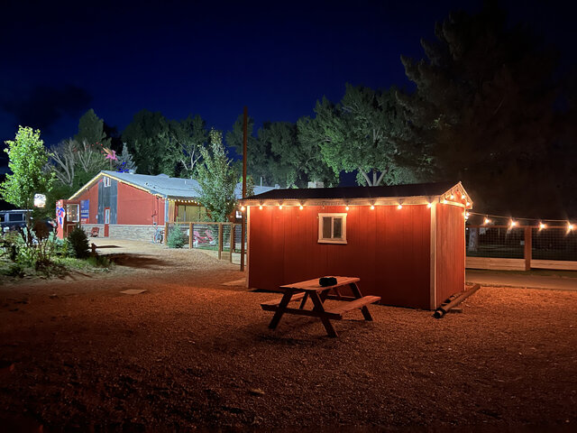 Well lit hotel at night 