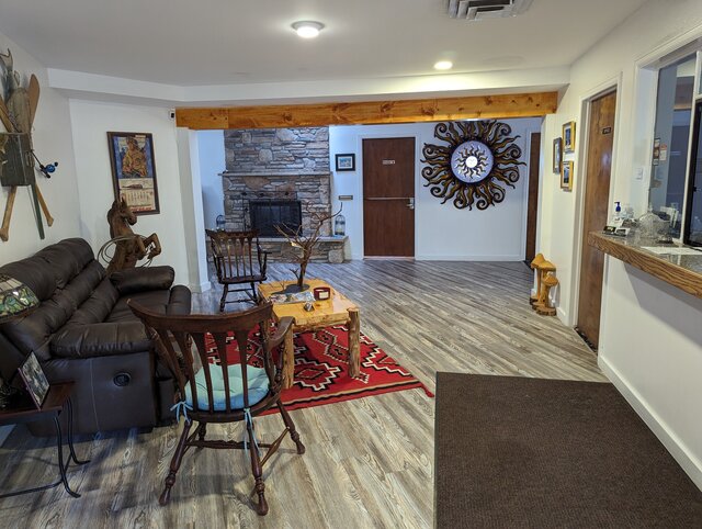 Enjoy the warmth of our lobby fireplace all winter long